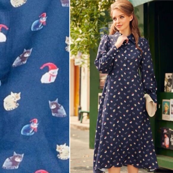 Modcloth Dresses & Skirts - Modcloth Romantic Era Button Front Midi Dress Santa Cat Print Christmas Navy XL